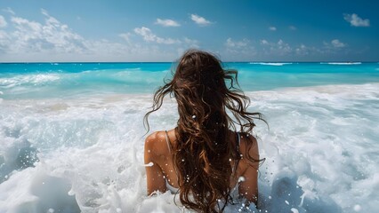 Person with long hair stands in foaming waves, facing a turquoise ocean under a bright blue sky. Concept Long-haired figure in foaming waves, Turquoise ocean under a bright blue sky