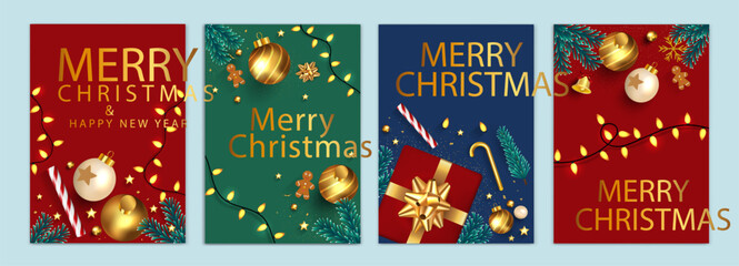 Happy Winter Holidays and New Year's Eve 2026 set of greeting card, poster, web banner, holiday cover. Xmas design template in trendy art style with golden elements for season greetings. Vector