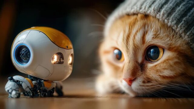 Adorable robot meets curious cat in playful interaction creating a futuristic pet adoption story perfect for tech and animal lovers everywhere