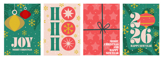 Set of Christmas and Happy New Year Floral Card templates. Christmas cards design with ornaments of branches, balls and ornaments. Modern minimal art poster, flyer, banner. Vector Illustration