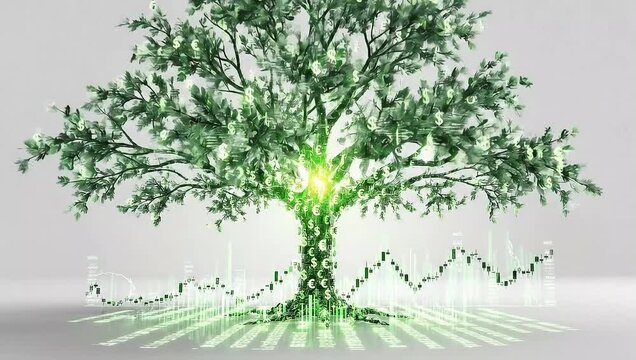 Eco-Growth: A glowing tree symbolizing the interplay between environmental vitality and economic development. Its roots intertwine with an upward trending graph.