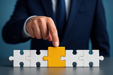 Businessman's hand precisely fits a vibrant yellow puzzle piece, signifying vital partnership, strategic solution, and successful teamwork within a dynamic business environment