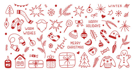 Winter hand drawn set of seasonal elements isolated on a white background. Christmas linear sketch. Vector retro icons	