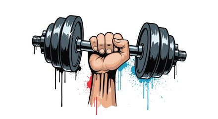 Strong hand gripping a heavy dumbbell with colorful paint splatters and grunge drips, symbolizing fitness and power.