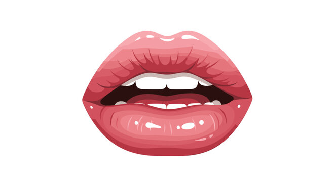 An illustration features glossy, open pink lips with visible white teeth and a dark oral cavity, set against a pristine white background.
