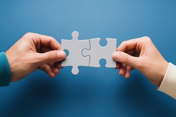 Human hands expertly connect simple grey puzzle pieces, symbolizing essential teamwork, unity, and strategic partnership against a vibrant blue backdrop