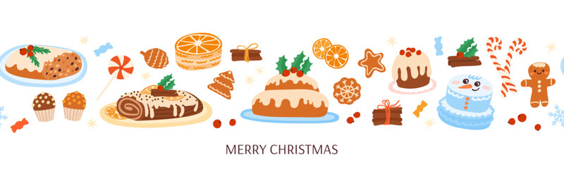 Colourful traditional Christmas cakes and desserts border. Vector illustration of delisious cakes, cupcakes, pie, muffins, gingerbread, candies and cinnamon decoration on a white.