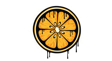 A vibrant and edgy illustration of a citrus orange slice with a black outline and dripping elements, evoking a street art or graffiti aesthetic.