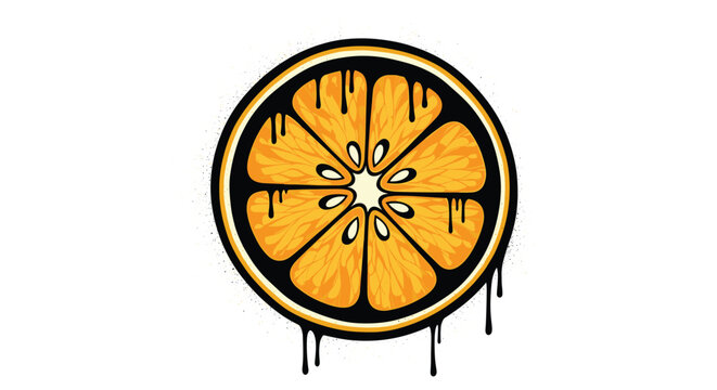 A vibrant and edgy illustration of a citrus orange slice with a black outline and dripping elements, evoking a street art or graffiti aesthetic.
