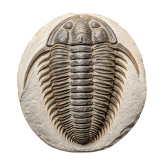 Fossilized trilobite with detailed features on transparent background, showcasing its unique structure and historical significance