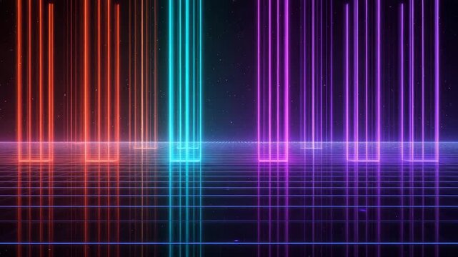 Abstract shapes in red cyan and purple rise from rectangles