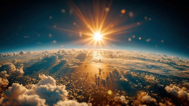 Sunrise over Earth's atmosphere, radiant sunbeams pierce through dynamic clouds, inspiring hope and new beginnings for a global audience. - Powered by Adobe