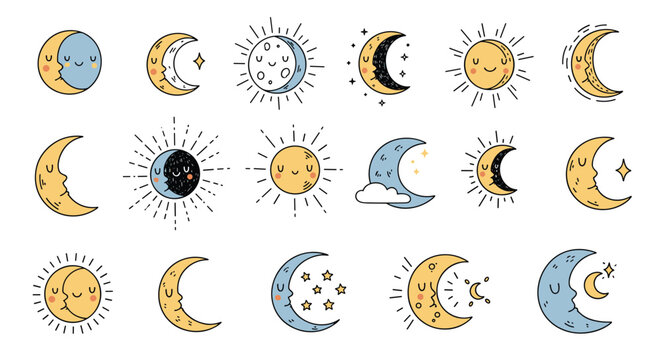 Collection of cute hand-drawn celestial illustrations featuring smiling moons, suns, stars, and clouds in a playful doodle style.
