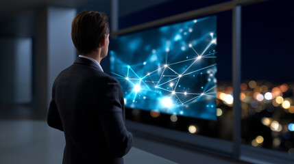 Faceless professional in front of large digital display showing connected nodes between universities, blurred lights suggesting innovation, with copy space.