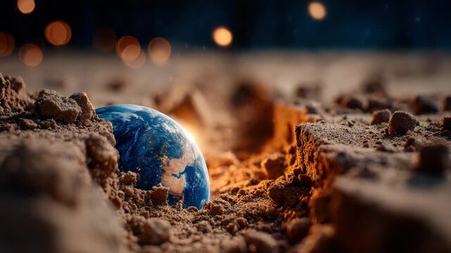 Vibrant Earth emerges from rocky terrain, bathed in warm golden light, hinting at future exploration and discovery.