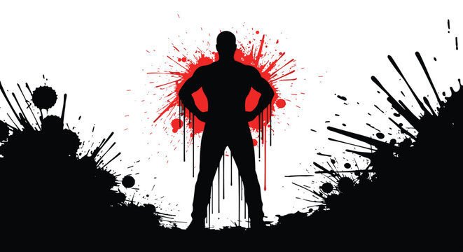 Man silhouette with hands on hips against a red ink splatter and dark grunge elements.