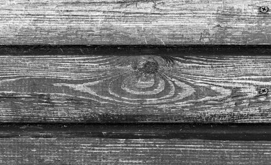 Detailed close-up view of old, weathered black wooden planks
