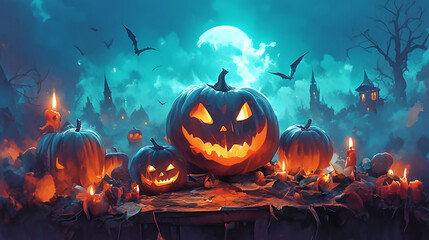 Naklejka premium A group of carved pumpkins surrounded by dark mist and shadows, spooky Halloween setting