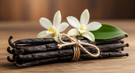 Fototapeta premium Fragrant vanilla beans are tied with twine and adorned with white vanilla flowers and a green leaf on a wooden surface.