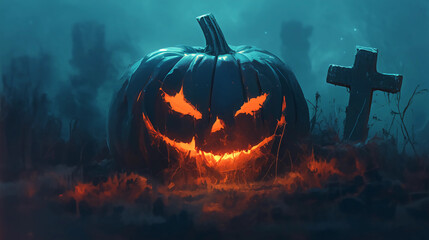 A haunted jack-o'-lantern glowing in the dark, surrounded by fog and shadows