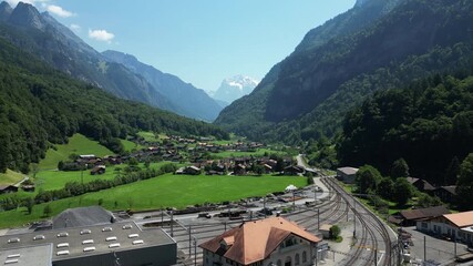 Aerial Drone View of Lauterbrunnen Railway and Village in the Swiss Alps, Filmed on July 15,2025