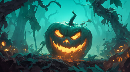 A jack-o'-lantern glowing brightly in the dark, surrounded by mist and shadows