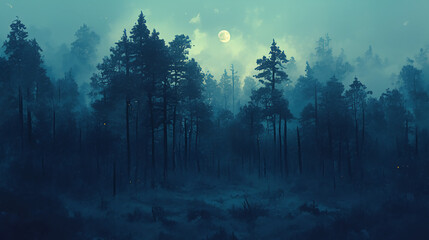 A misty dark forest with fog rolling through, eerie atmosphere with full moon