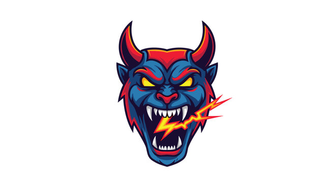 Angry blue devil head with red horns roaring and emitting a lightning bolt from its mouth, in a mascot logo style.