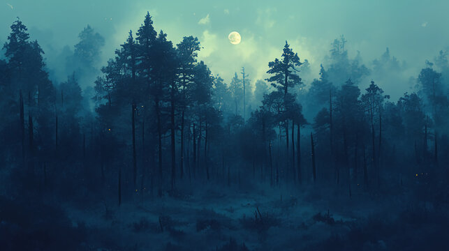 A misty dark forest with fog rolling through, eerie atmosphere with full moon