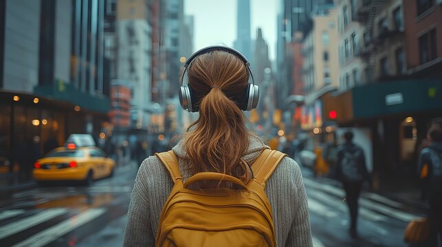 Woman with headphones and yellow backpack walks on a wet city street. Focus on individual experience and urban life. Distracted by tech, unaware of surroundings and littering.