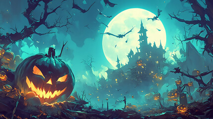 A pumpkin glowing under the full moon, surrounded by eerie shadows and misty fog