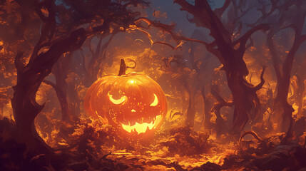 A pumpkin lit from within, creating an eerie orange glow surrounded by dark trees