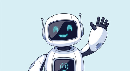 Friendly robot mascot with smile display face, waving hand