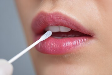 Naklejka premium Insert Swab In Mouth: Collecting Buccal Swab Sample for DNA Test Analysis