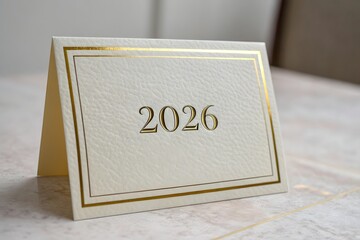 Elegant 2026 table card with gold border and embossed metallic numbers displayed indoors. illustration

