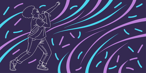 Person Singing with Swirling Ribbons and Confetti Keywords: person, singing, microphone, music