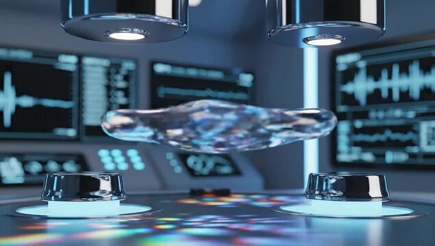 Floating Object in Futuristic Laboratory: An otherworldly, translucent object levitates in a high-tech laboratory setting, hinting at advanced technology and scientific discovery.