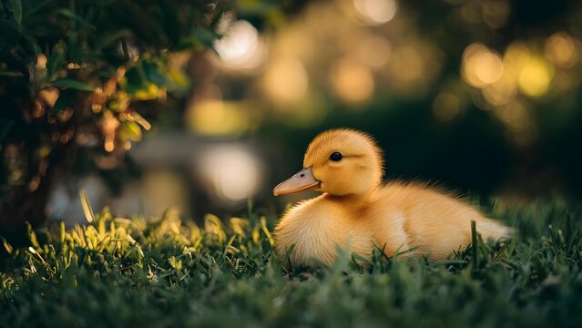 A fluffy yellow duckling resting in green grass with a warm sunlit bokeh background. Concept Fluffy duckling, Golden sunlit bokeh, Green grass backdrop, Baby animal photography, Soft lighting - Powered by Adobe