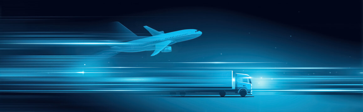 International logistics blue gradient background with airplane and truck. Global shipping and supply chain. Import, export, distribution and transportation concept. - Powered by Adobe