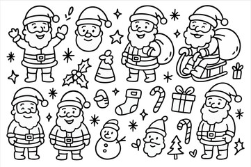 Hand-drawn doodle vector collection featuring a variety of Santa Claus faces and full-body character doodles, illustrated in a playful festive sketch style, isolated on white background, Ideal for Bot