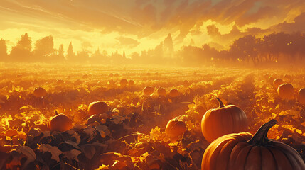 A pumpkin patch at sunset with scattered pumpkins, warm orange glow