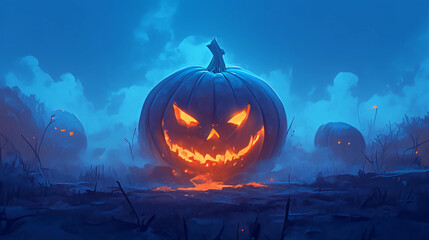 A pumpkin with a jack-o'-lantern face glowing in the night, surrounded by fog