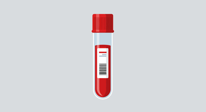 A test tube filled with a blood sample is sealed with a red stopper barcode label attached