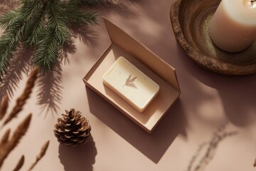 A bar of soap sits on a table beside a pine cone and a candle