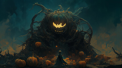 A skull and pumpkin surrounded by dark mist, ominous vibes, Halloween decorations
