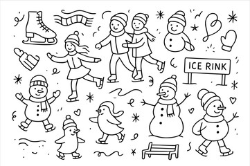 Hand-drawn doodle vector set of Charming Ice Skating Elements, illustrated in a playful ink-pen sketch style with smooth lines, isolated on white background, Ideal for Both Digital and Print Use
