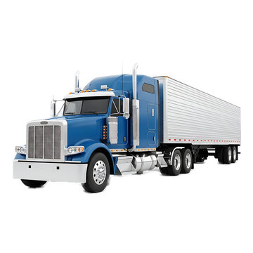 A vibrant blue semi-truck and trailer are set against a transparent background. The vehicle is angled, showing its front and side