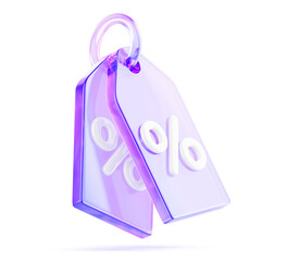Fototapeta na wymiar Holographic glass retail price tags on ring with percent sign. Purple sale special offer labels - discount promotion badges for shop marketing, sell-off or seasonal shopping campaign. 3D illustration