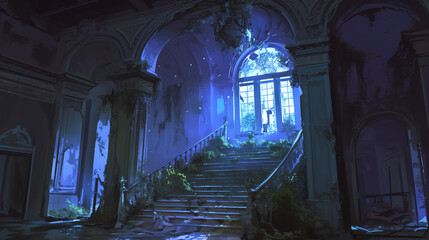 A spooky abandoned mansion, dimly lit, shadows cast across cracked walls
