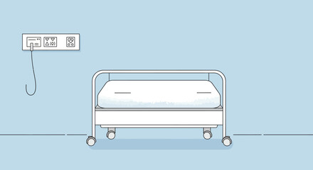 Hospital room with medical bed and wallmounted medical equipment